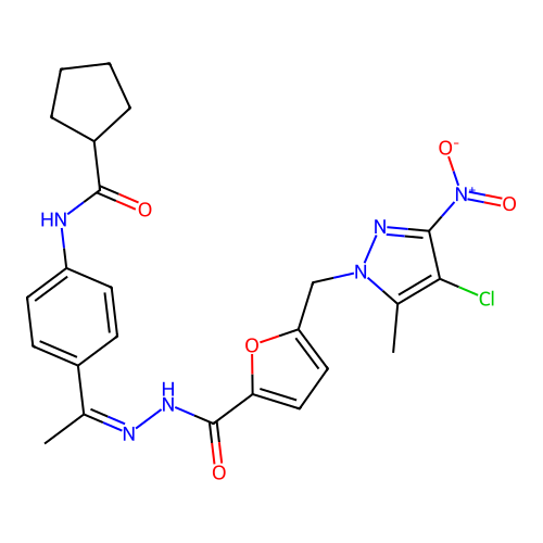 5-[(4-chloro-5-methyl-3-nitropyrazol-1-yl)methyl]-N-[(Z)-1-[4-(cyclopentanecarbonylamino)phenyl]ethylideneamino]furan-2-carboxamide structure