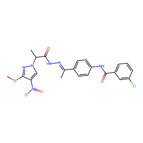3-chloro-N-[4-[(E)-N-[2-(3-methoxy-4-nitropyrazol-1-yl)propanoylamino]-C-methylcarbonimidoyl]phenyl]benzamide structure
