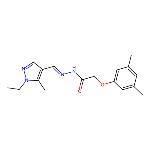 2-(3,5-dimethylphenoxy)-N-[(E)-(1-ethyl-5-methylpyrazol-4-yl)methylideneamino]acetamide structure