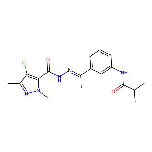 4-chloro-2,5-dimethyl-N-[(E)-1-[3-(2-methylpropanoylamino)phenyl]ethylideneamino]pyrazole-3-carboxamide structure