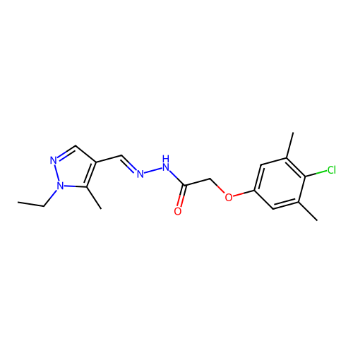 2-(4-chloro-3,5-dimethylphenoxy)-N-[(E)-(1-ethyl-5-methylpyrazol-4-yl)methylideneamino]acetamide structure