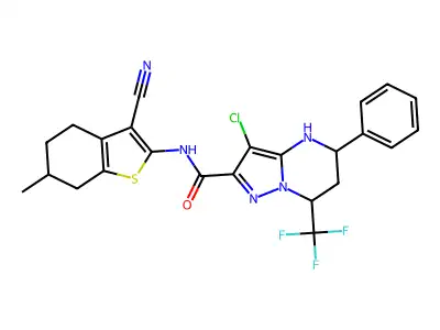 3-chloro-N-(3-cyano-6-methyl-4,5,6,7-tetrahydro-1-benzothien-2-yl)-5-phenyl-7-(trifluoromethyl)-4,5,6,7-tetrahydropyrazolo[1,5-a]pyrimidine-2-carboxamide structure