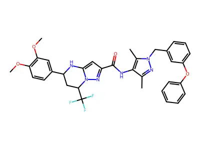 5-(3,4-dimethoxyphenyl)-N-(3,5-dimethyl-1-(3-phenoxybenzyl)-1H-pyrazol-4-yl)-7-(trifluoromethyl)-4,5,6,7-tetrahydropyrazolo[1,5-a]pyrimidine-2-carboxamide structure