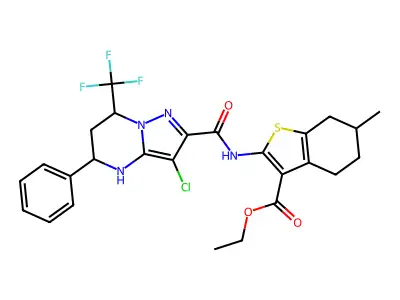 ethyl 2-({[3-chloro-5-phenyl-7-(trifluoromethyl)-4,5,6,7-tetrahydropyrazolo[1,5-a]pyrimidin-2-yl]carbonyl}amino)-6-methyl-4,5,6,7-tetrahydro-1-benzothiophene-3-carboxylate structure