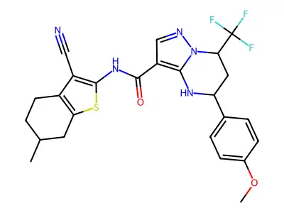 N-(3-cyano-6-methyl-4,5,6,7-tetrahydro-1-benzothien-2-yl)-5-(4-methoxyphenyl)-7-(trifluoromethyl)-4,5,6,7-tetrahydropyrazolo[1,5-a]pyrimidine-3-carboxamide structure