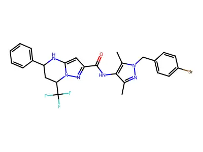 N-[1-(4-bromobenzyl)-3,5-dimethyl-1H-pyrazol-4-yl]-5-phenyl-7-(trifluoromethyl)-4,5,6,7-tetrahydropyrazolo[1,5-a]pyrimidine-2-carboxamide structure
