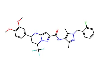 N-[1-(2-chlorobenzyl)-3,5-dimethyl-1H-pyrazol-4-yl]-5-(3,4-dimethoxyphenyl)-7-(trifluoromethyl)-4,5,6,7-tetrahydropyrazolo[1,5-a]pyrimidine-2-carboxamide structure