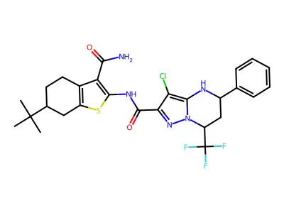N-[3-(aminocarbonyl)-6-tert-butyl-4,5,6,7-tetrahydro-1-benzothien-2-yl]-3-chloro-5-phenyl-7-(trifluoromethyl)-4,5,6,7-tetrahydropyrazolo[1,5-a]pyrimidine-2-carboxamide structure