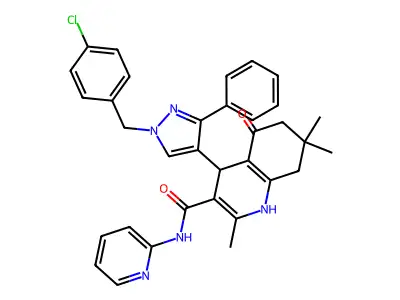 4-[1-[(4-chlorophenyl)methyl]-3-phenylpyrazol-4-yl]-2,7,7-trimethyl-5-oxo-N-pyridin-2-yl-1,4,6,8-tetrahydroquinoline-3-carboxamide structure