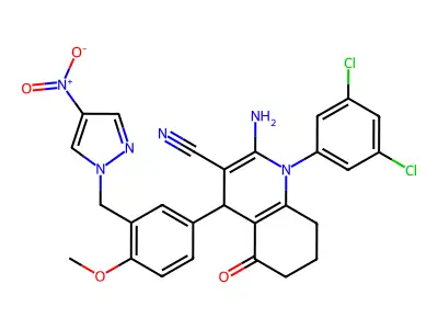 2-amino-1-(3,5-dichlorophenyl)-4-[4-methoxy-3-[(4-nitropyrazol-1-yl)methyl]phenyl]-5-oxo-4,6,7,8-tetrahydroquinoline-3-carbonitrile structure