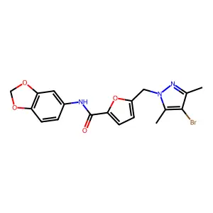 N-(1,3-benzodioxol-5-yl)-5-[(4-bromo-3,5-dimethyl-1H-pyrazol-1-yl)methyl]-2-furamide structure