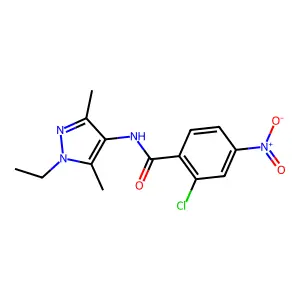 2-chloro-N-(1-ethyl-3,5-dimethylpyrazol-4-yl)-4-nitrobenzamide structure