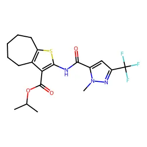 isopropyl 2-({[1-methyl-3-(trifluoromethyl)-1H-pyrazol-5-yl]carbonyl}amino)-5,6,7,8-tetrahydro-4H-cyclohepta[b]thiophene-3-carboxylate structure