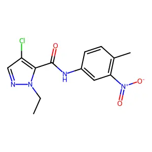 4-chloro-2-ethyl-N-(4-methyl-3-nitrophenyl)pyrazole-3-carboxamide structure
