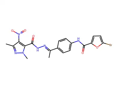 N-[(E)-1-[4-[(5-bromofuran-2-carbonyl)amino]phenyl]ethylideneamino]-2,5-dimethyl-4-nitropyrazole-3-carboxamide structure