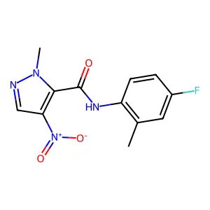 N-(4-fluoro-2-methylphenyl)-2-methyl-4-nitropyrazole-3-carboxamide structure