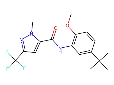 N-(5-tert-butyl-2-methoxyphenyl)-2-methyl-5-(trifluoromethyl)pyrazole-3-carboxamide structure