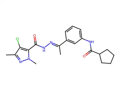 4-chloro-N-[(E)-1-[3-(cyclopentanecarbonylamino)phenyl]ethylideneamino]-2,5-dimethylpyrazole-3-carboxamide structure