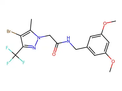 2-[4-bromo-5-methyl-3-(trifluoromethyl)pyrazol-1-yl]-N-[(3,5-dimethoxyphenyl)methyl]acetamide structure