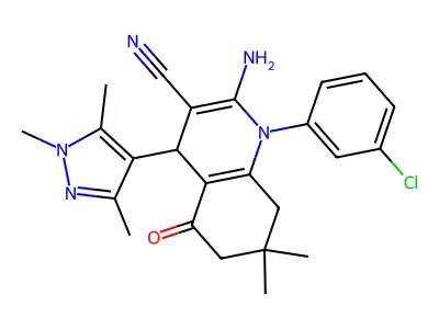 2-amino-1-(3-chlorophenyl)-7,7-dimethyl-5-oxo-4-(1,3,5-trimethylpyrazol-4-yl)-6,8-dihydro-4H-quinoline-3-carbonitrile structure