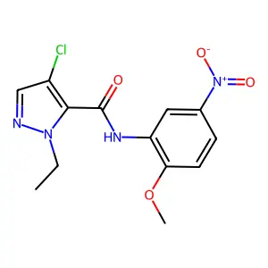 4-chloro-2-ethyl-N-(2-methoxy-5-nitrophenyl)pyrazole-3-carboxamide structure