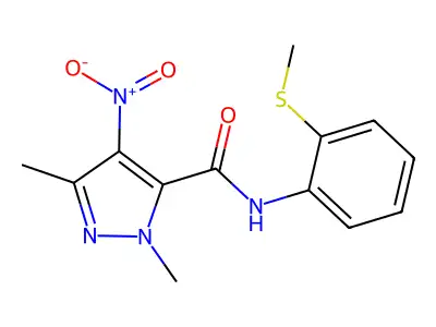 2,5-dimethyl-N-(2-methylsulfanylphenyl)-4-nitropyrazole-3-carboxamide structure
