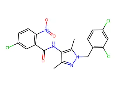 5-chloro-N-[1-(2,4-dichlorobenzyl)-3,5-dimethyl-1H-pyrazol-4-yl]-2-nitrobenzamide structure