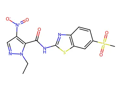 2-ethyl-N-(6-methylsulfonyl-1,3-benzothiazol-2-yl)-4-nitropyrazole-3-carboxamide structure