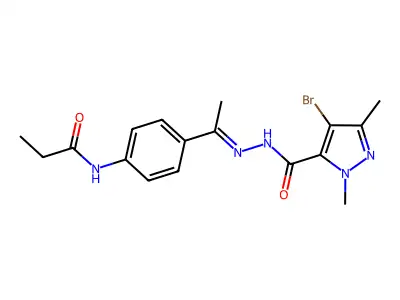4-bromo-2,5-dimethyl-N-[(E)-1-[4-(propanoylamino)phenyl]ethylideneamino]pyrazole-3-carboxamide structure