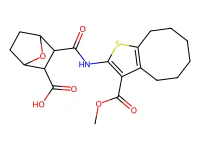 2-[(3-methoxycarbonyl-4,5,6,7,8,9-hexahydrocycloocta[b]thiophen-2-yl)carbamoyl]-7-oxabicyclo[2.2.1]heptane-3-carboxylic acid structure