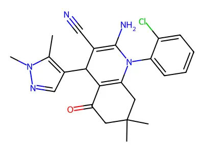 2-amino-1-(2-chlorophenyl)-4-(1,5-dimethyl-1H-pyrazol-4-yl)-7,7-dimethyl-5-oxo-1,4,5,6,7,8-hexahydroquinoline-3-carbonitrile structure