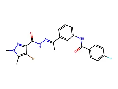 4-bromo-N-[(E)-1-[3-[(4-fluorobenzoyl)amino]phenyl]ethylideneamino]-1,5-dimethylpyrazole-3-carboxamide structure