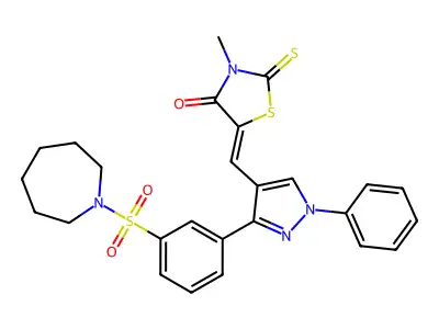 5-[[3-[3-(azepan-1-ylsulfonyl)phenyl]-1-phenylpyrazol-4-yl]methylidene]-3-methyl-2-sulfanylidene-1,3-thiazolidin-4-one structure
