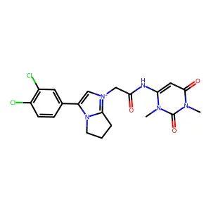 2-[3-(3,4-dichlorophenyl)-6,7-dihydro-5H-pyrrolo[1,2-a]imidazol-1-ium-1-yl]-N-(1,3-dimethyl-2,6-dioxopyrimidin-4-yl)acetamide structure