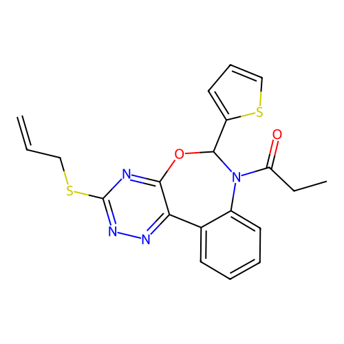 3-(allylsulfanyl)-7-propionyl-6-thien-2-yl-6,7-dihydro[1,2,4]triazino[5,6-d][3,1]benzoxazepine structure