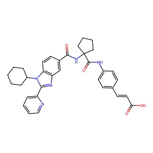 (E)-3-(4-(1-(1-Cyclohexyl-2-(pyridin-2-yl)-1H-benzo[d]imidazole-5-carboxamido)cyclopentanecarboxamido)phenyl)acrylic acid structure