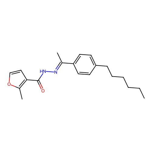 N-[1-(4-hexylphenyl)ethylideneamino]-2-methylfuran-3-carboxamide structure