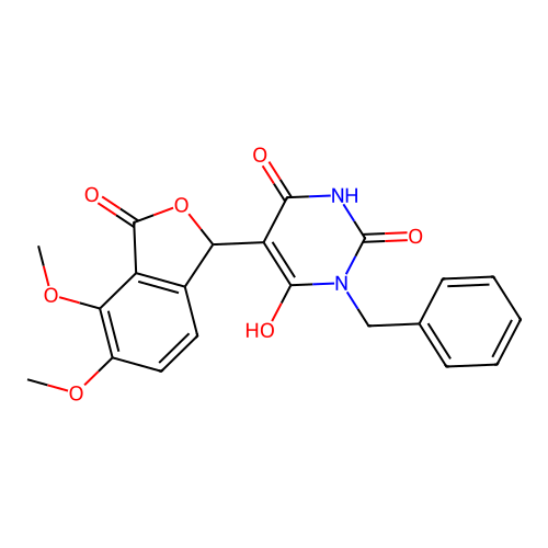1-benzyl-5-(4,5-dimethoxy-3-oxo-1,3-dihydroisobenzofuran-1-yl)-6-hydroxypyrimidine-2,4(1H,3H)-dione structure