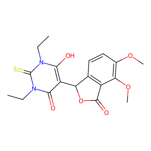 5-(4,5-dimethoxy-3-oxo-1,3-dihydroisobenzofuran-1-yl)-1,3-diethyl-6-hydroxy-2-thioxo-2,3-dihydropyrimidin-4(1H)-one structure