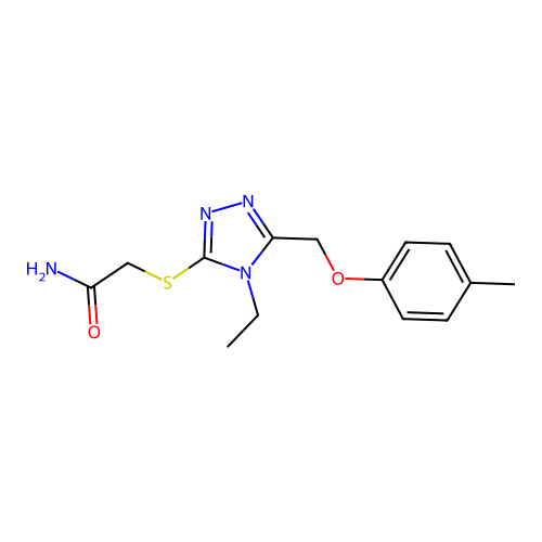 2-{4-Ethyl-5-[(4-methylphenoxy)methyl]-1,2,4-triazol-3-ylthio}acetamide structure