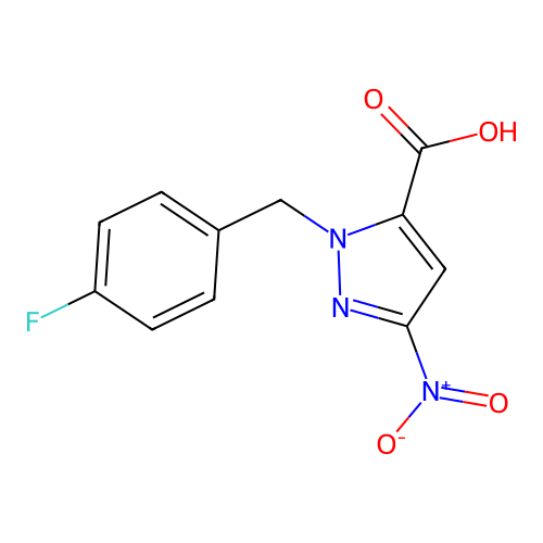 2-[(4-Fluorophenyl)methyl]-5-nitropyrazole-3-carboxylic acid structure