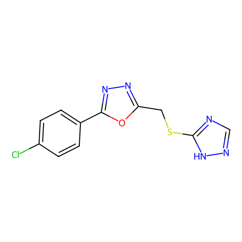 2-(4-chlorophenyl)-5-[(4H-1,2,4-triazol-3-ylsulfanyl)methyl]-1,3,4-oxadiazole structure