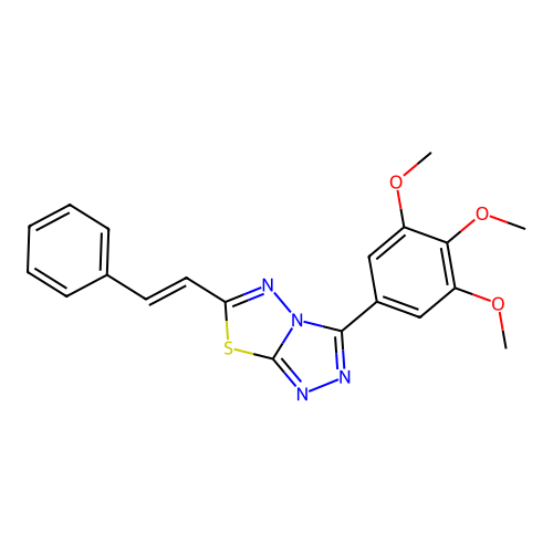 6-[(E)-2-phenylethenyl]-3-(3,4,5-trimethoxyphenyl)-[1,2,4]triazolo[3,4-b][1,3,4]thiadiazole structure
