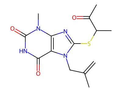 3-Methyl-7-(2-methylprop-2-enyl)-8-(3-oxobutan-2-ylsulfanyl)purine-2,6-dione structure