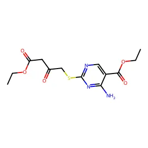 Ethyl 4-[4-amino-5-(ethoxycarbonyl)pyrimidin-2-ylthio]-3-oxobutanoate structure