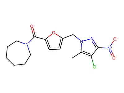azepan-1-yl-[5-[(4-chloro-5-methyl-3-nitropyrazol-1-yl)methyl]furan-2-yl]methanone structure