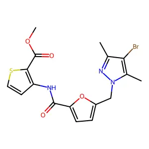 methyl 3-({5-[(4-bromo-3,5-dimethyl-1H-pyrazol-1-yl)methyl]-2-furoyl}amino)-2-thiophenecarboxylate structure