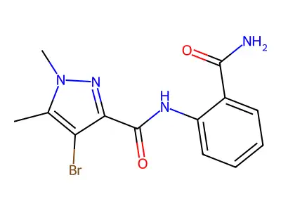 4-bromo-N-(2-carbamoylphenyl)-1,5-dimethylpyrazole-3-carboxamide structure