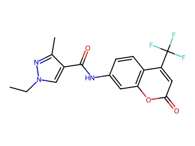 1-ethyl-3-methyl-N-[2-oxo-4-(trifluoromethyl)chromen-7-yl]pyrazole-4-carboxamide structure