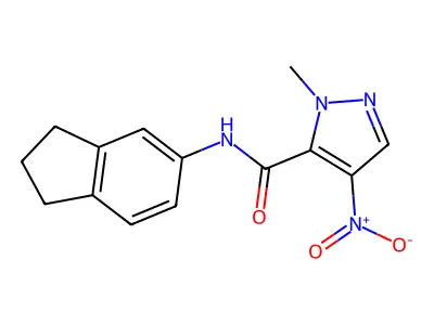 N-(2,3-dihydro-1H-inden-5-yl)-2-methyl-4-nitropyrazole-3-carboxamide structure